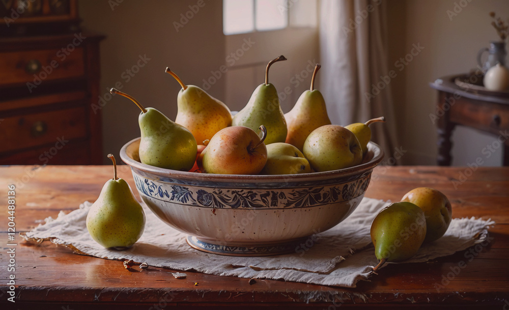 Poster bowl of pears sits on a table. the pears are green and red, and there are at least 12 of them in the