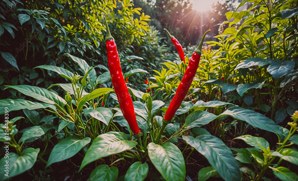 Poster close up of two red peppers growing in a green bush. the peppers are in the middle of the bush and a