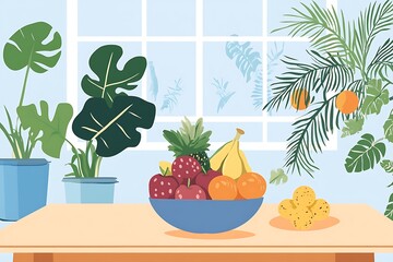 Obraz premium Colorful Fruit Bowl on a Table with Plants