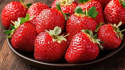 Fresh ripe strawberries on a dark plate, wooden background, healthy food photography for recipe blogs