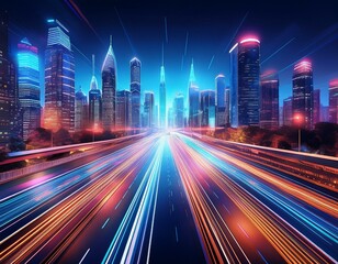 Fototapeta premium busy bight downtown city area with highway fast lights trail effect generative ai technology