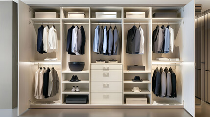 A modern wardrobe neatly organized with suits, shirts, and accessories in a stylish design