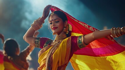 The Kannada flag gracefully displayed during a traditional dance performance, highlighting the cultural significance in a festive atmosphere