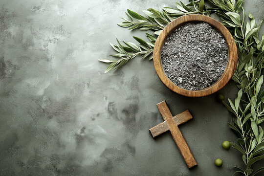 Above view of bowl with burnt ashes, wooden Christian cross and olives on gray concrete background, Ash Wednesday concept