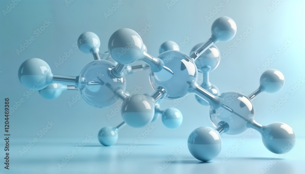 Poster 3D model shows complex molecule structure. Atoms linked by bonds. Modern scientific image. Ideal for chemistry education, medical research. Pharmaceutical company use. Illustrates innovative drug