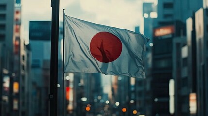 The Japan flag fluttering against a backdrop of bustling city life, capturing modern culture