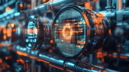 A detailed capture of multiple steam gauges integrated with IoT technology each gauge transmitting data wirelessly represented by animated lines converging towards a vibrant 5G tower