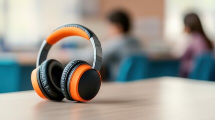 Modern wireless headphones on desk in office or classroom setting