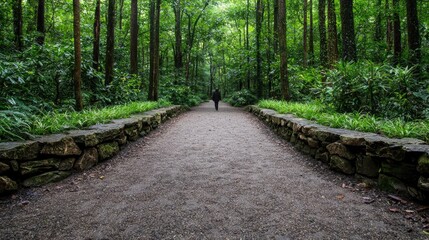 Obraz premium Person walking on a gravel path in a lush green forest; nature serenity, tranquility, peace