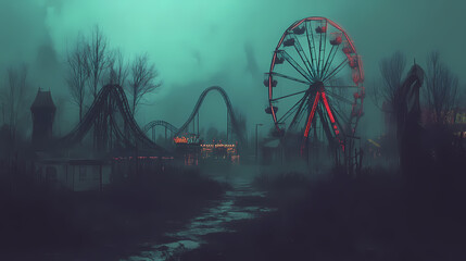 Sinister carnival landscape with abandoned rides and eerie atmosphere. Dark Carnival. Illustration