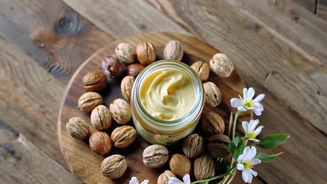 Design a scene with a jar of natural shea butter surrounded by macadamia nuts and white flowers, placed on a wooden platform with a rustic, nature-inspired background.