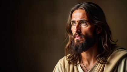 Fototapeta premium Man portrays Jesus Christ. Religious figure looks thoughtfully. Spiritual imagery. Peaceful concept. Suitable for religious cards, posters, banners. Focus on faith, hope. Peaceful moment. Beautiful