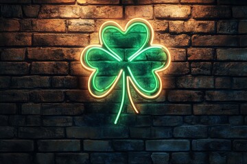 Vibrant neon shamrock sign illuminating rustic brick wall for saint patrick's day decor
