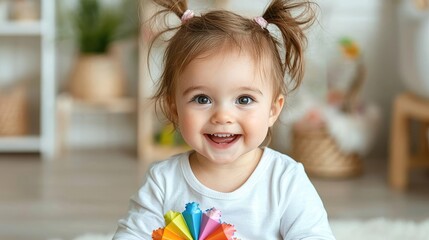 Fototapeta premium Cheerful toddler girl with pigtails smiling while playing with a colorful toy in a bright living room.