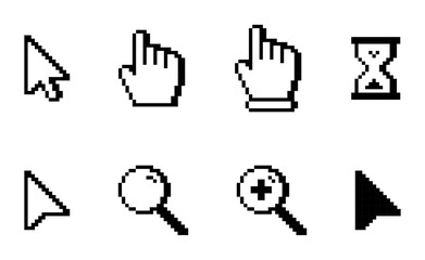 Pixelated white computer cursor icons. Pixelated white computer pointer icons