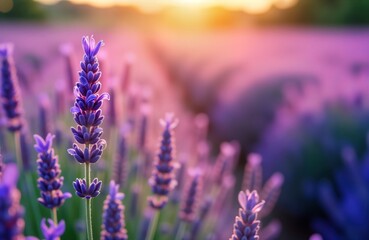 Obraz premium Beautiful lavender field at sunrise. Purple flowers bloom in rows. Scenic rural landscape. Sunlight highlights vibrant blossoms. Aromatic herbal plants. Perfect for nature lovers aromatherapy