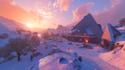 Sunset over Snowy Mountain Resort with Pyramid Architecture