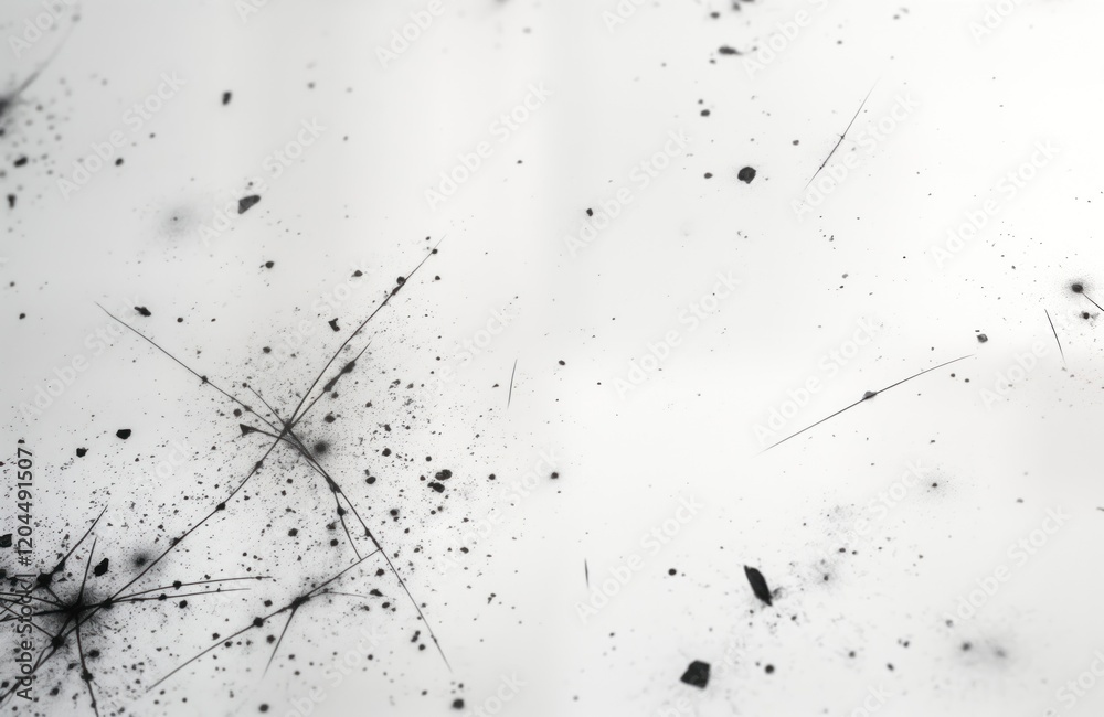 Poster Abstract white background with scattered dark gray, black marks. Intricate patterns, lines create distressed texture. Ideal for design elements, graphic design projects, vintage style. Modern graphic
