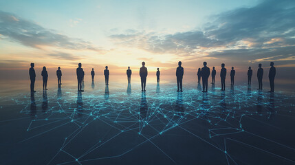 abstract professional business team people innovation connection of line from nail node to node on map background , networking concept