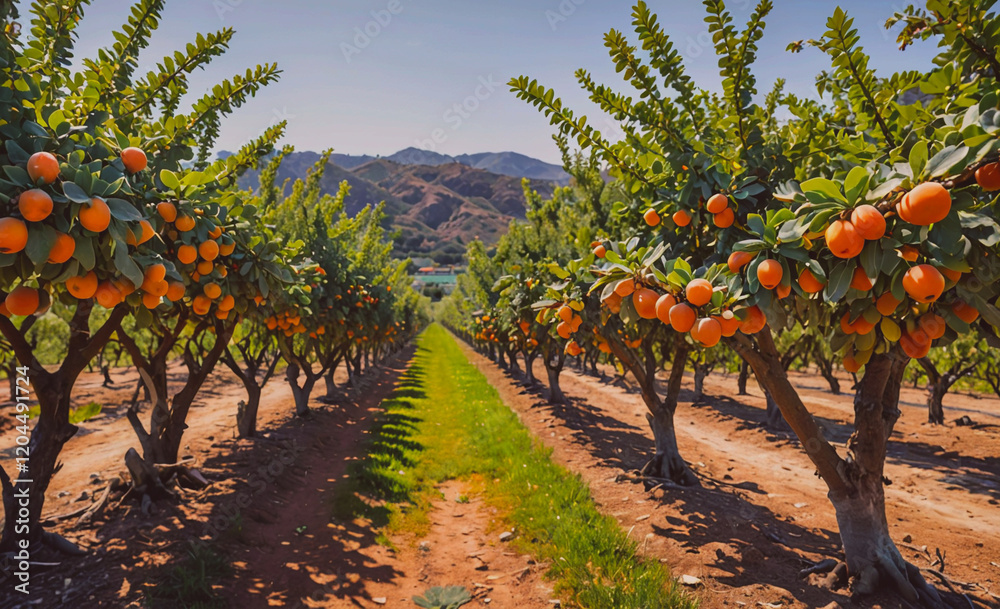 Poster Row of orange trees with many oranges on the branches. The trees are in a field with a dirt road in between them