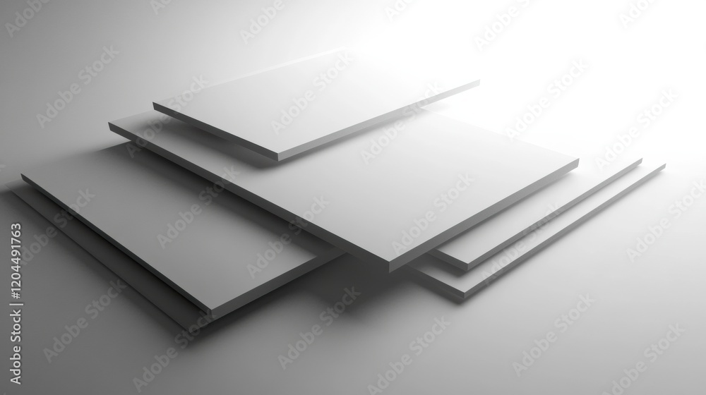 Poster stacked white panels arranged on a minimalist surface creating a modern artistic display with soft l