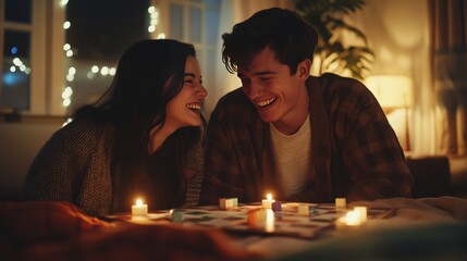 A couple shares a joyful moment, laughing over a candlelit board game at home, surrounded by warm, cozy evening light.