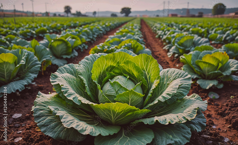Poster large green cabbage is the main focus of the image. the field is filled with rows of green vegetable