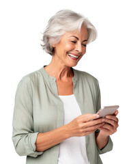 Older woman smiling and looking at her smartphone, transparent background (PNG)