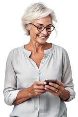 Older woman smiling and looking at her smartphone, transparent background (PNG)