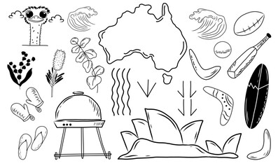 Doodle set with Australian symbols. Hand drawn vector design.