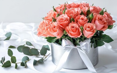Fototapeta premium A romantic bouquet of coral roses and a silver round gift box tied with a white satin ribbon, displayed on a clean white backdrop for Valentines Day and 8 March