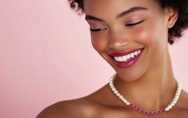 A radiant close-up of a woman wearing a pearl and ruby necklace, her smile captivating against a light pink backdrop for valentines day