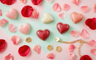 A romantic flat-lay with red and pink heart shaped chocolates, silk petals, and gold jewelry on a pastel background