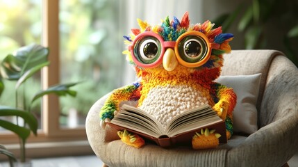Colorful owl plush toy sitting in armchair reading book.