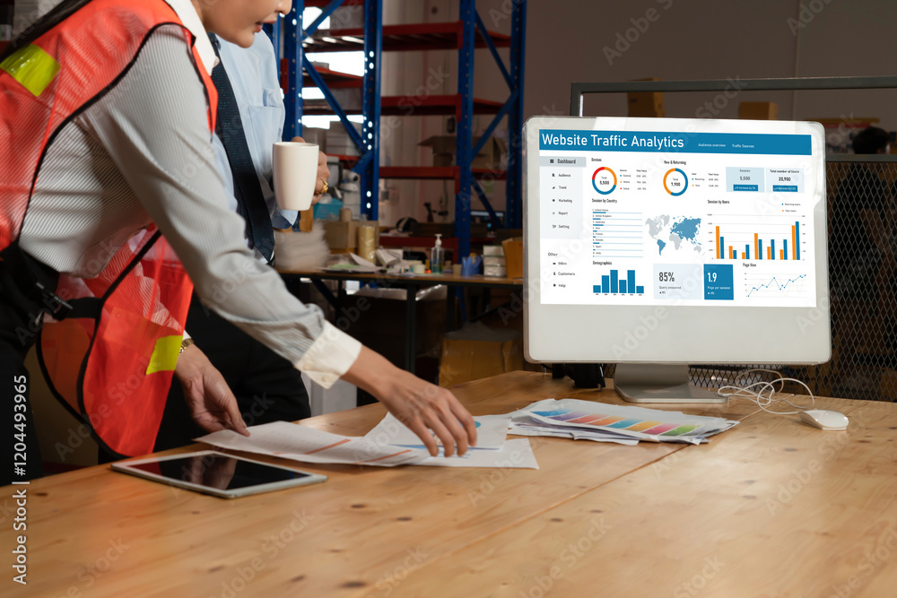 Poster computer software for website traffic analytics data on computer screen. concept of seo search engin