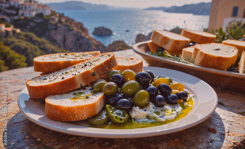 Poster White plate with bread and olives is placed on a table. The bread is positioned to the right of the olives, creating a visually appealing and appetizing presentation