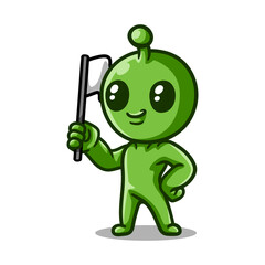 fun cartoon character alien holding flag isolated colored drawing line art style sketch classic vintage design illustration