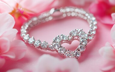 Obraz premium A silver heart-shaped bracelet with sparkling diamonds, placed on a soft light pink floral backdrop for valentines day