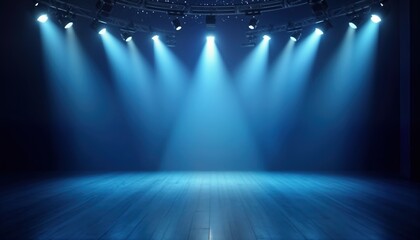 Empty stage with spotlight beams. Dark blue room for product presentation. Stylish studio theater. Great for products. Modern, elegant setup. Perfect for tech product launch, luxury fashion show