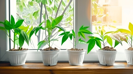 Fototapeta premium Bright indoor plants on windowsill basking in sunlight, fresh home decor