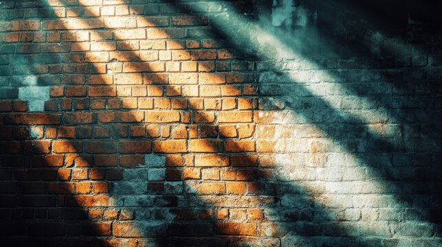 Sunbeams illuminating a weathered brick wall.