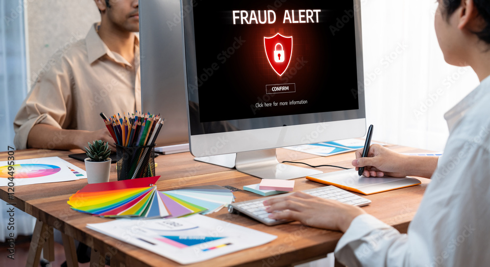 Aufkleber cyber security software show alert of cyber attack for protection brisk. danger from virus, phishing