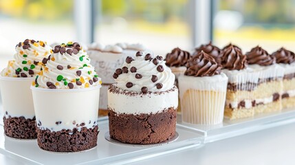 Delicious chocolate and vanilla cupcakes, brownies, and cakes displayed on a white tray.