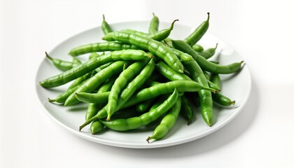 Fresh green beans fill white plate against clean background. Bright vibrant green beans piled high, look fresh, healthy. Ideal for fresh produce, simple culinary image. Crisp vibrant green beans