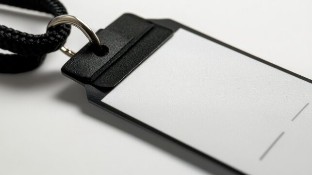Blank black plastic ID lanyard badge holder with a white insert card on a white background.