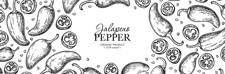 Jalapeno pepper vector drawing. Hand drawn food label. Vegetable engraved style frame. 