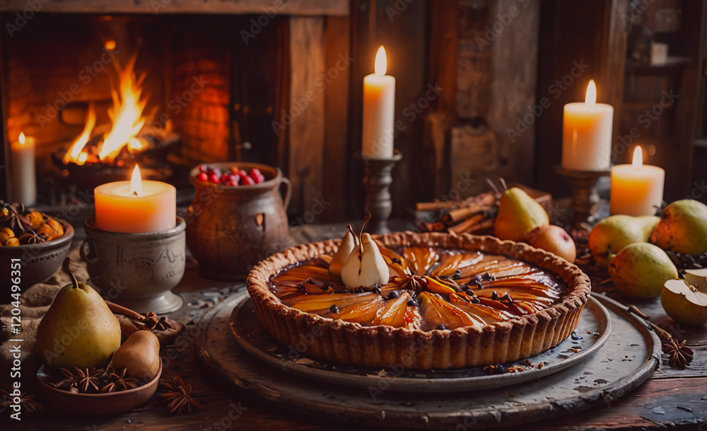 Poster Table with a pie and candles on it. The pie is a fruit pie with apples and pears. The table also has a bowl of pears and a bowl of apples