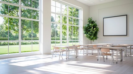 Bright, airy classroom with large windows, desks, chairs, and a blank whiteboard. Sunlight streams through the windows, illuminating the room.