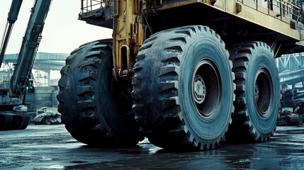 Obraz premium Massive industrial tires rest on the wet ground, emphasizing the strength and utility of machinery.