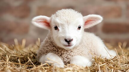 Fototapeta premium Cute lamb in hay, brick background, farm setting, springtime